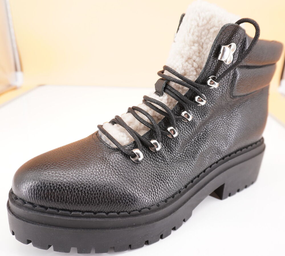 Marc Fisher Nairy Black Leather Shearling ankle boot size 9 biker Lugg wool $250